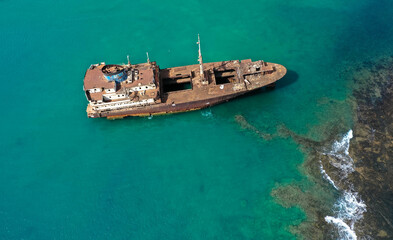 Drone photograhy. Shipwreck called Temple Hall or Telamon in a bay near Arrecifes industrial port...