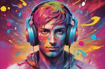 Creative music background. Colorful heads with headphones. Generative AI
