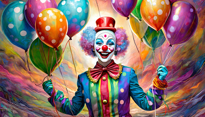Wesoły clown trzymający kolorowe baloniki. Generative AI - 691500117