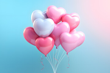 Pink heart shape balloons isolated on sky blue background.  Valentine's Day card