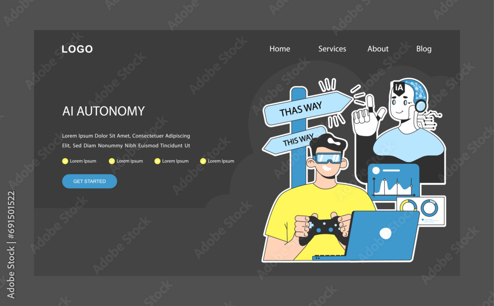 Poster ai ethics dark or night mode web, landing. artificial intelligence autonomy. virtual reality develop