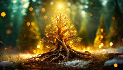 Close-up of old and twisted roots forming a small Christmas tree with festive fairy lights in a dark forest at night. - obrazy, fototapety, plakaty