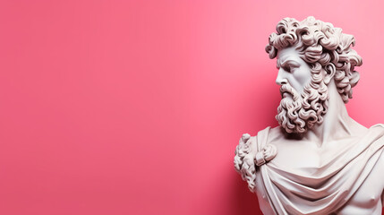 Obraz premium 3D illustration of Renaissance marble statue of Zeus in Greek mythology isolated on pink background. Art sculpture of ancient italian culture. Modern banner template with copy space
