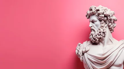 Foto op Canvas 3D illustration of Renaissance marble statue of Zeus in Greek mythology isolated on pink background. Art sculpture of ancient italian culture. Modern banner template with copy space © Alice