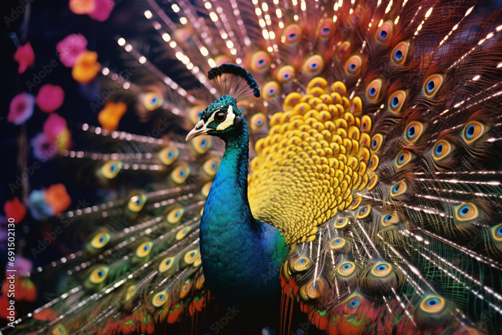 Poster a peacock with abstract plumes of vibrant, multicolored patterns.