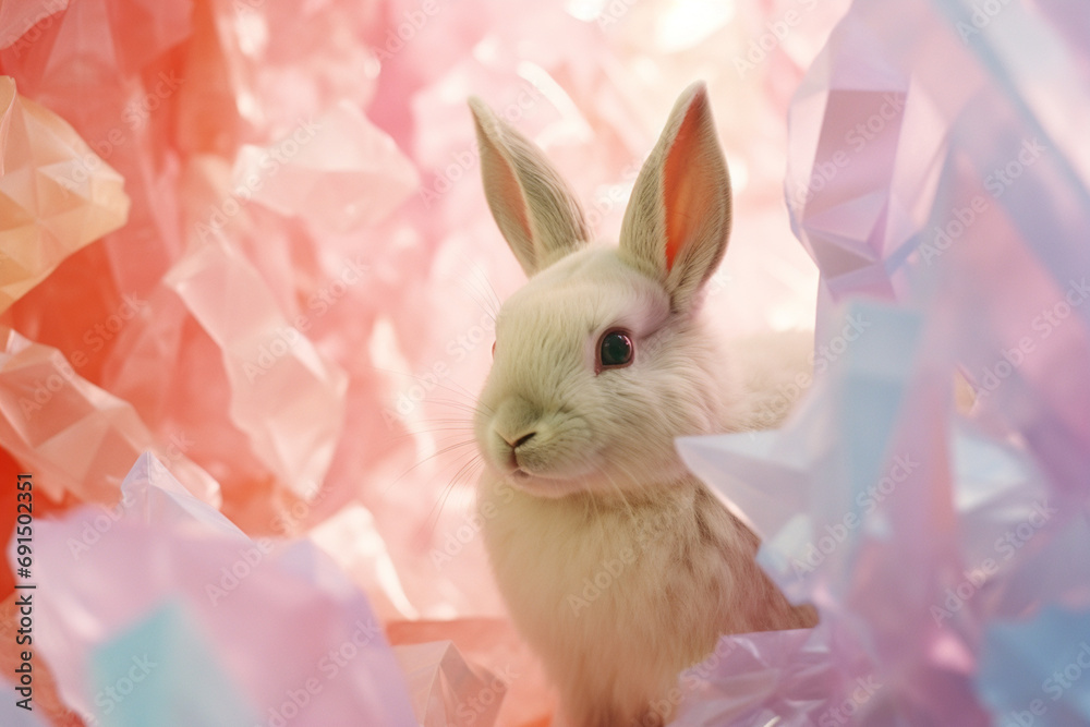 Poster a rabbit depicted with soft, fluffy shapes in a pastel abstract.