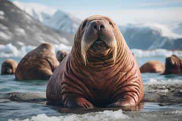 A walrus depicted with rounded, bulky shapes in a cold color palette. - obrazy, fototapety, plakaty