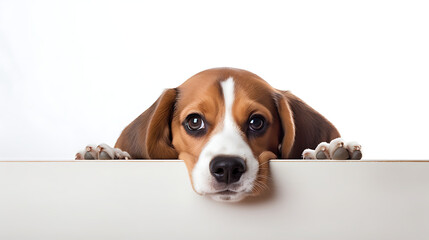 playfully peeking dog Beagle isolated on a white background. Only its curious eyes and the tip of its nose visible.