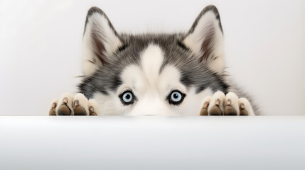 playfully peeking dog Siberian huskey isolated on a white background. Only its curious eyes and the tip of its nose visible.