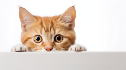 portrait of a cat with white background - playfully peeking Kitten isolated on a white background. Only its curious eyes and the tip of its nose visible.