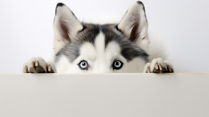 playfully peeking dog Siberian huskey isolated on a white background. Only its curious eyes and the tip of its nose visible.