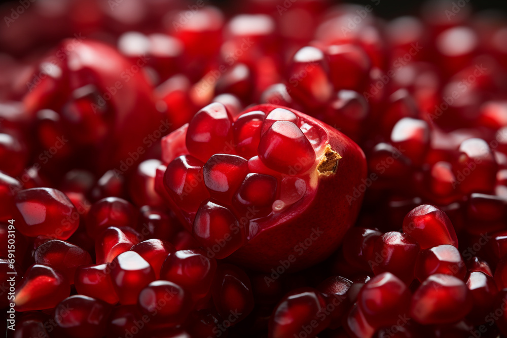 Poster pomegranate - deep red abstract seeds scattered on a juicy background.