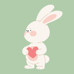 A cute white bunny rabbit holds a red heart. Flat cartoon hare character for Happy Valentine's Day, Easter greeting card, invitation, sticker, banner. Vector illustration.