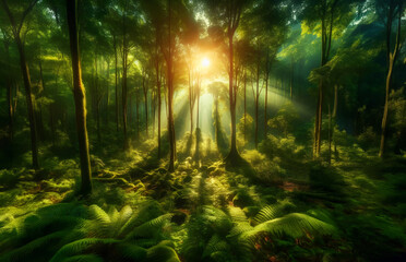 Green forest, with warm sunlight filtering through the trees.