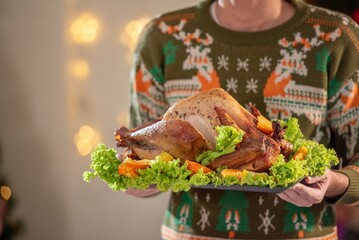Turkey dinner Thanksgiving food. Man carry Christmas turkey food dinner Serve on table. Baked...