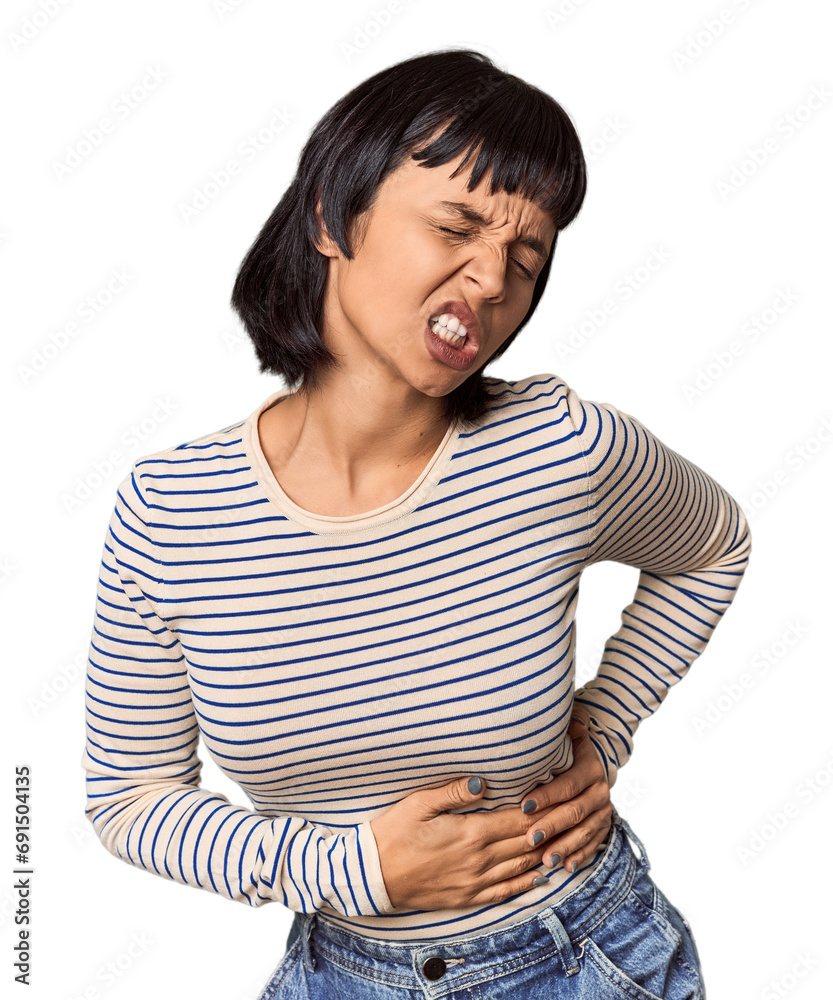 Sticker Young Hispanic woman with short black hair in studio having a liver pain, stomach ache.