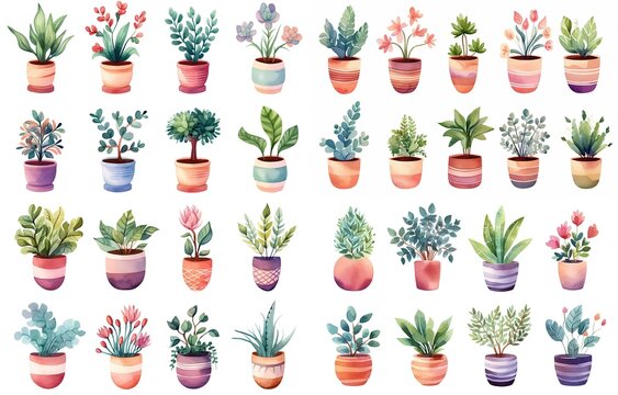 watercolor style illustration of cute boho pot plant in many shape and type, collection set isolated on white background, Generative Ai