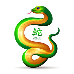 Snake Zodiac Sign, Symbol of Chinese new year 2025 with green and golden color