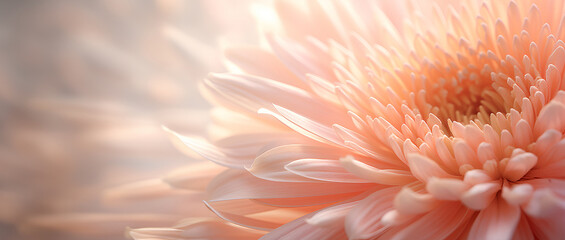Soft-focus macro of a peach dahlia bloom, highlighting its delicate petals and warm, dreamy tones. Trend color peach fuzz. Concept: promotional banner, interior design. - obrazy, fototapety, plakaty