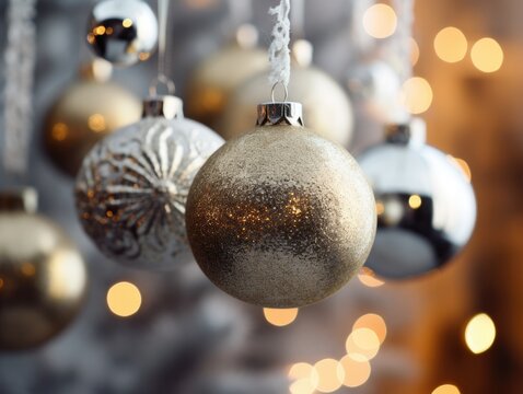Elegant Christmas Decorations with Snow and Bokeh. Gold and Silver Festive Background.