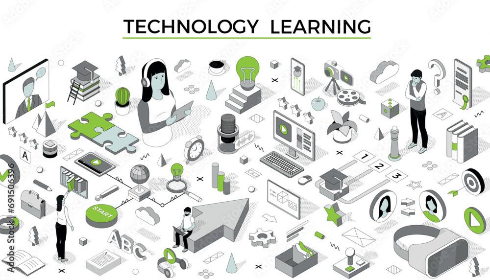Poster technology learning. isometric training. education course. university study. online knowledge commun