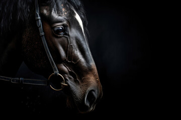 Side view portrait shot of the horse with the bridle on the black background.