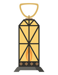 Vintage camping lantern or oil lamp. Handle gas lamps for tourist hiking. Flame glow camp fuel burn isolated on white background