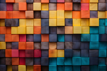 An Artistic Wall Composition Featuring Colorful Wooden Blocks, Crafted in the Style of Bold Chromaticity, Chalk-Inspired Textured Paint Layers, Wood Veneer Mosaics