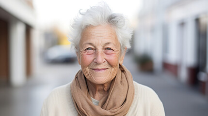Fototapeta na wymiar Portrait of a happy elderly senior woman looking at the camera on a white bright blurred studio background
