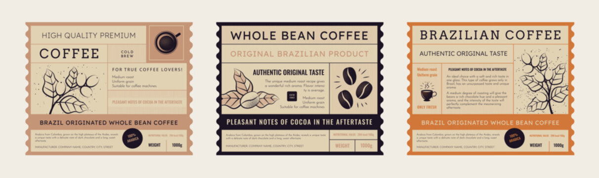 Coffee label. Bean package emblem design, vintage food sticker for cafe or premium quality product, retro plant and berry. Retro stamp or sticker. Packaging template. Vector illustration