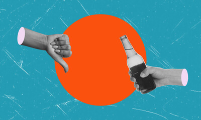Contemporary art collage depicting a hand holding a bottle of beer, finger down.