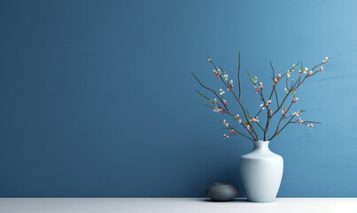 Empty interior background room with blue wall and white flower in vase. 