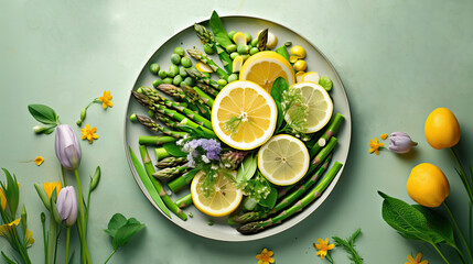 Spring Asparagus Elegance: Plate of Vibrant Greens and Citrus Zest