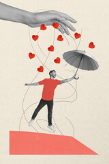 Vertical collage creative poster black white filter hand pour rain excited funky young man fly high...