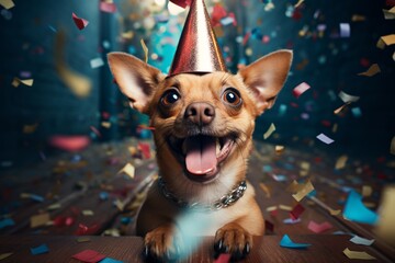Joyful adorable pup donning a festive headpiece rejoicing at a celebration while surrounded by descending streamers. - obrazy, fototapety, plakaty