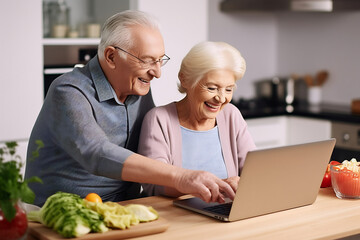 Mature married couple sitting together with laptop on the kitchen at home, modern happy senior man and woman look at laptop screen - Powered by Adobe