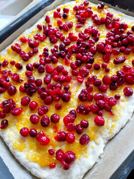 Leckerer Blechkuchen mit Cranberrys und Streusel  