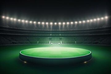 A central stage in a stadium with rows of vacant seats and bright flashes, ideal for showcasing products on the grassy playing field of a soccer game. - obrazy, fototapety, plakaty