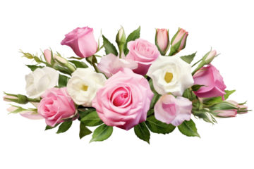 Pink roses and eustoma (Lisianthus) flowers in a floral arrangement isolated on white or transparent background