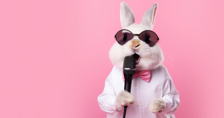 Easter Bunny Singing Karaoke with a Microphone - obrazy, fototapety, plakaty