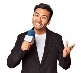 Young Chinese TV presenter reporting news with microphone in studio