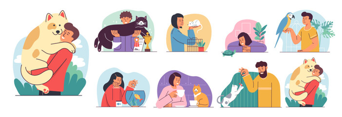 People pets. Men and women hold dog and cat, family owner love and care characters, puppy and fish, parrot and turtle in veterinarian clinic, funny vet. Vector cartoon flat style concept