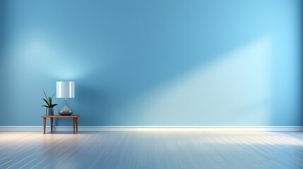 Minimalistic blue backdrop with sleek built-in lighting and a polished floor for versatile presentations.