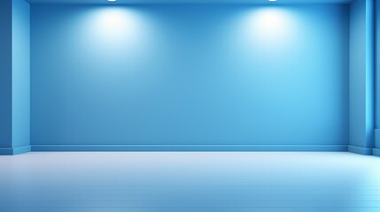 Sleek and versatile blue backdrop for presentations, featuring a pale blue wall, elegant recessed lighting, and a polished floor.