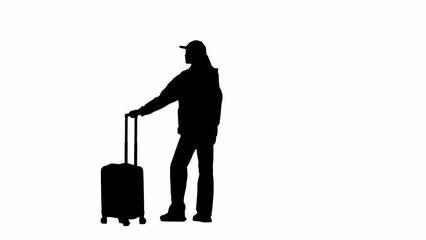 Portrait of traveler isolated on white background alpha channel. Silhouette of woman standing with suitcase and looking at the flights board.