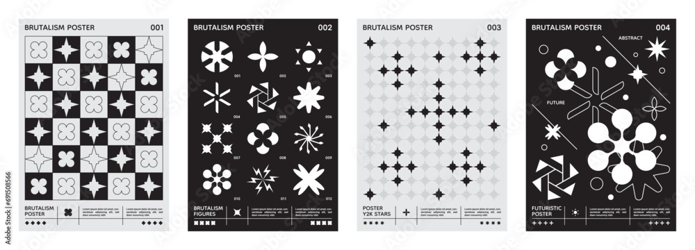 Wall mural brutalism black white posters. y2k wall art. abstract pattern design, shape and star figures, orname