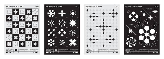 Brutalism black white posters. Y2k wall art. Abstract pattern design, shape and star figures, ornament elements. Different figures, geometric flowers and stars. Banners set. Vector retro set