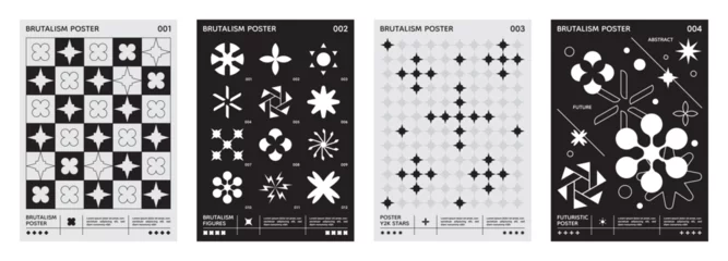 Tapeten Brutalism black white posters. Y2k wall art. Abstract pattern design, shape and star figures, ornament elements. Different figures, geometric flowers and stars. Banners set. Vector retro set © SpicyTruffel