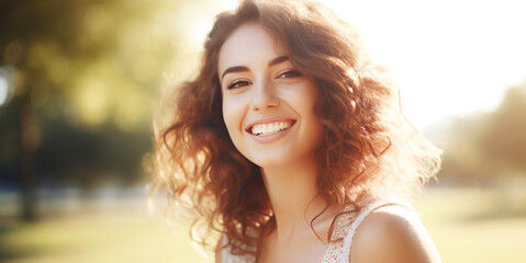 Pretty girl in love with long hair, blue eyes. Natural light in the evening at Park.	