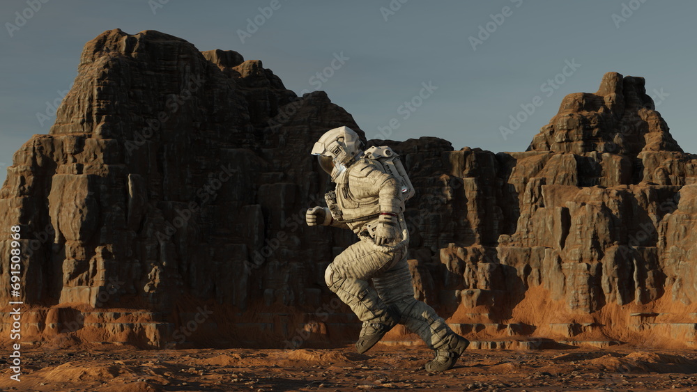 Wall mural astronaut running across planet mars, exploring other planets and worlds. cosmonaut in a white space